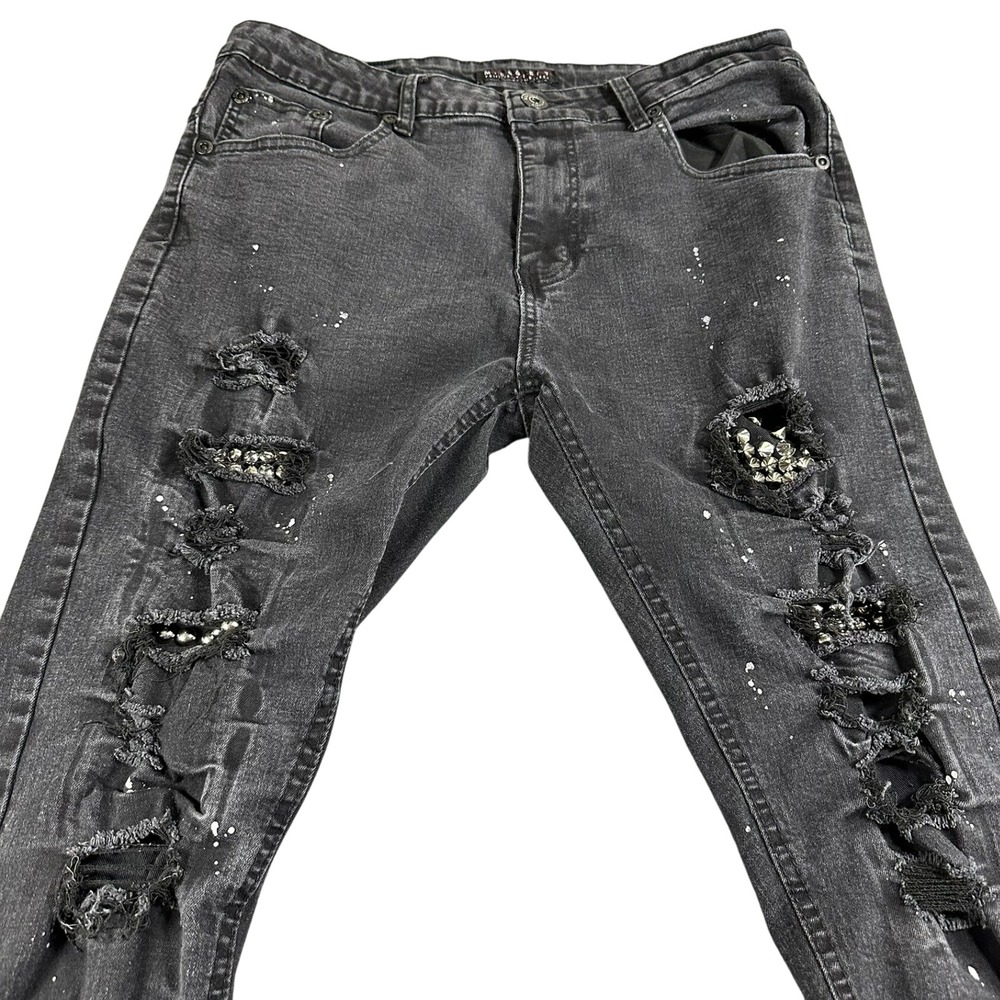 M Society Men's 36x32‎ Distressed Gray Wash Skinny Jeans Studded Rips Splatter